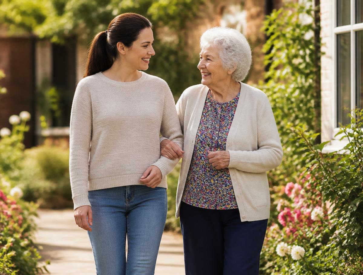 Betreuungskraft in Alltagskleidung und Seniorin beim gemeinsamen Spaziergang im Grünen